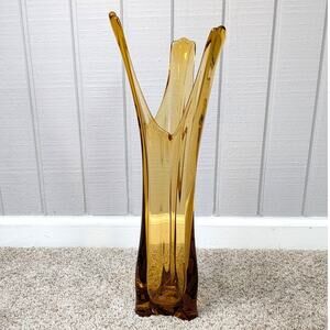 VTG MCM Viking Glass Amber 3-Finger Three Foil Swung Vase Rounded Base 19.75"